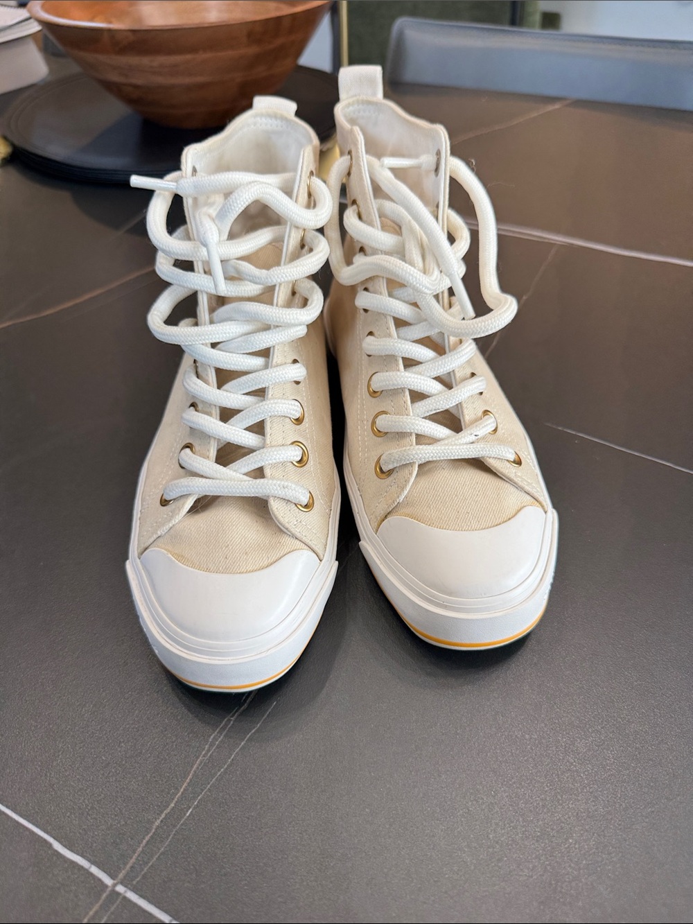 See By Chloé Cream High-Top Canvas Sneakers with Gold Script - Picture 4 of 12